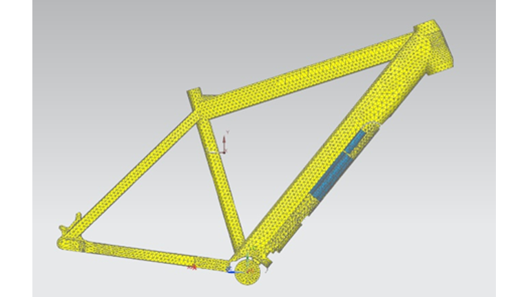 Abbildung 1: Modell des Fahrradrahmens mit Antriebsstrang, Batterie, E-Motor und Leiterplatinen.